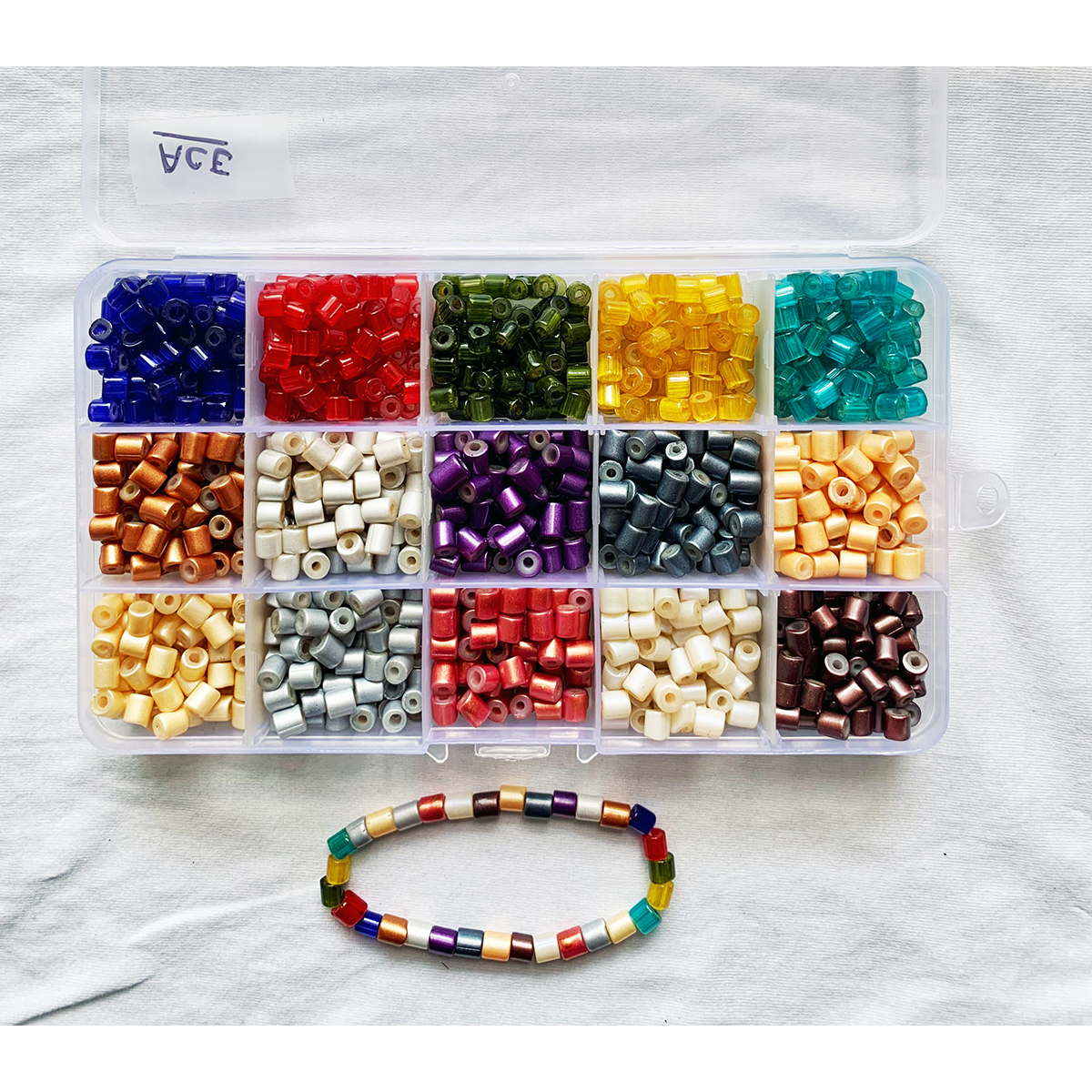 Item "ACE" Glass Tube Beads with Bigger Hole, Coated Glass Beads, DIY and Jewelry Kit, 15 compartment box.