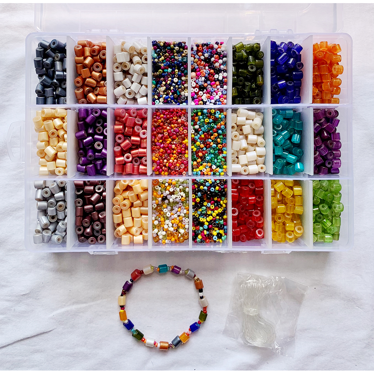 Item "ACH" Glass Tube Beads with Bigger Hole, Coated Glass Beads, DIY and Jewelry Kit, 24 compartment box.