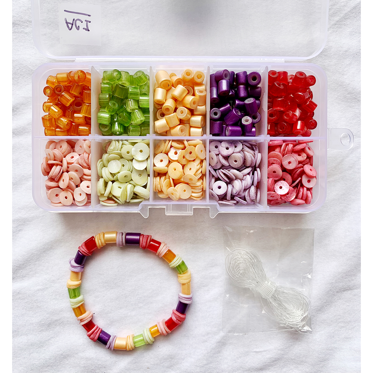 Item "ACI" Glass Tube Beads with Bigger Hole, Coated Glass Beads and MOP Heishi, DIY and Jewelry Kit, 10 compartment box.