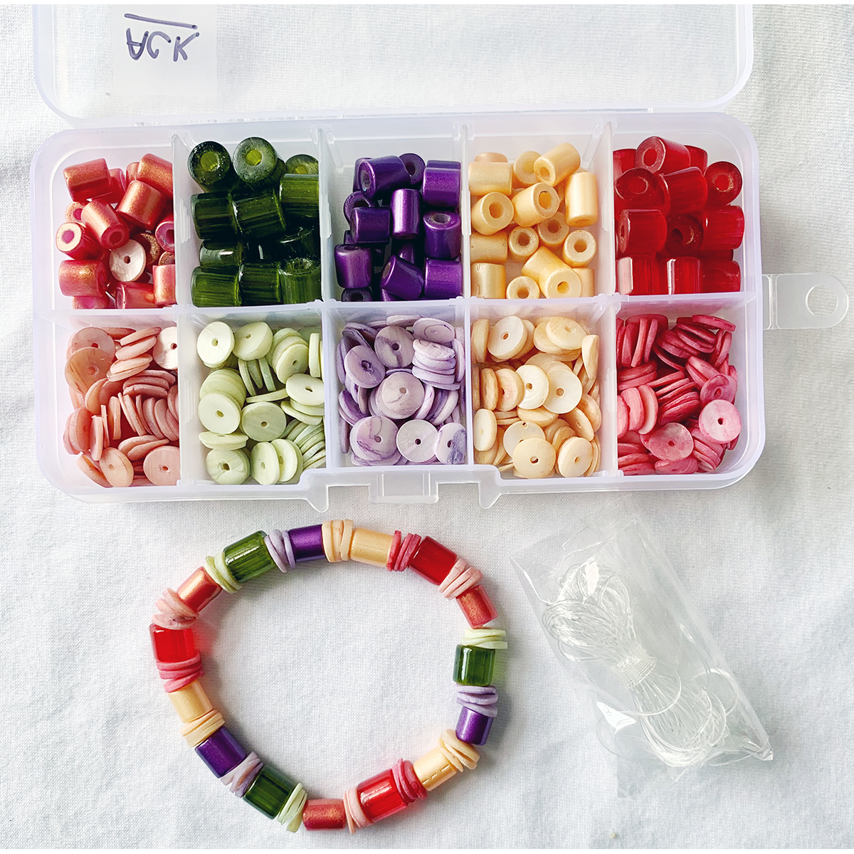 Item "ACK" Glass Tube Beads with Bigger Hole, Coated Glass Beads and MOP Heishi, DIY and Jewelry Kit, 10 compartment box.