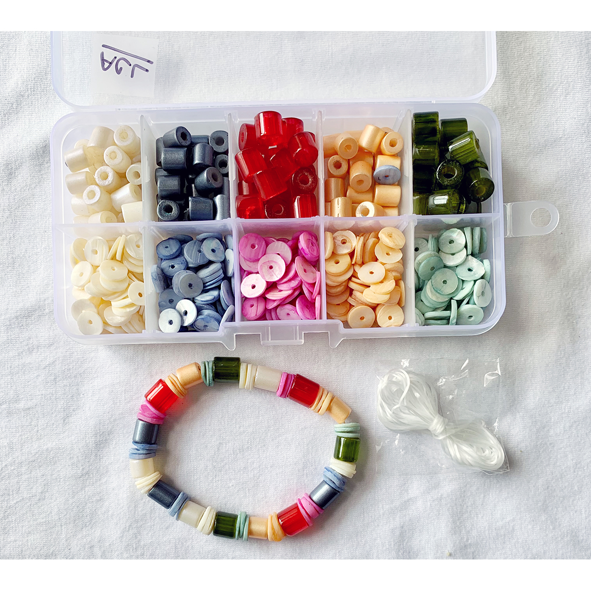 Item "ACL" Glass Tube Beads with Bigger Hole, Coated Glass Beads and MOP Heishi, DIY and Jewelry Kit, 10 compartment box.