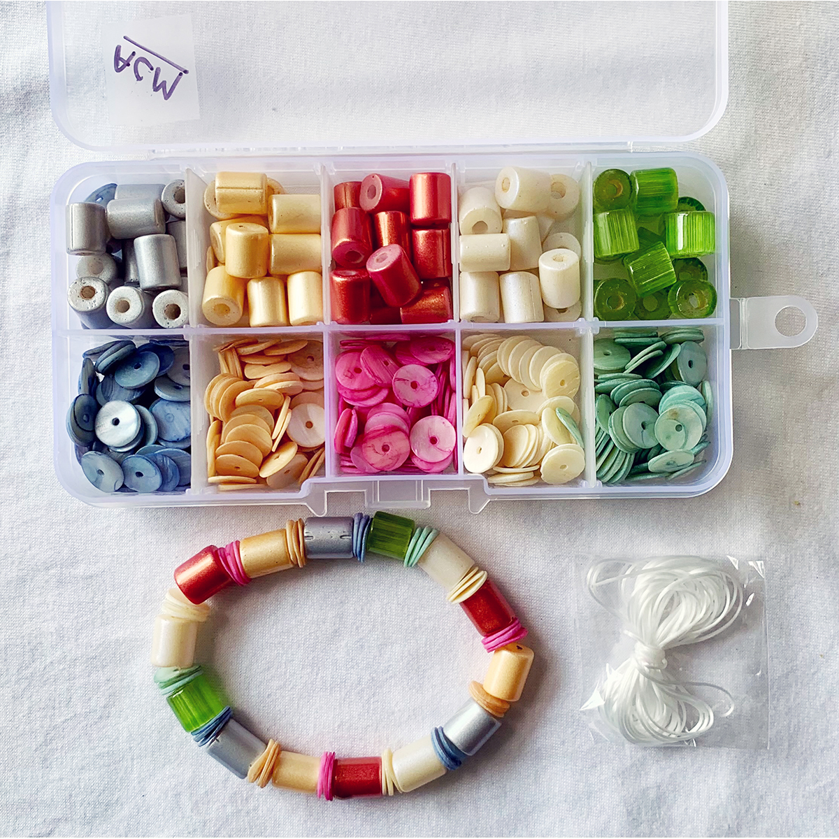 Item "ACM" Glass Tube Beads with Bigger Hole, Coated Glass Beads and MOP Heishi, DIY and Jewelry Kit, 10 compartment box.