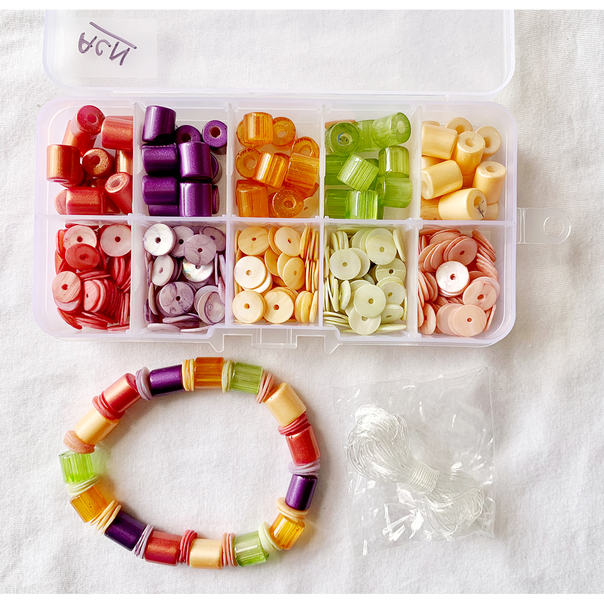 Item "ACN" Glass Tube Beads with Bigger Hole, Coated Glass Beads and MOP Heishi, DIY and Jewelry Kit, 10 compartment box.