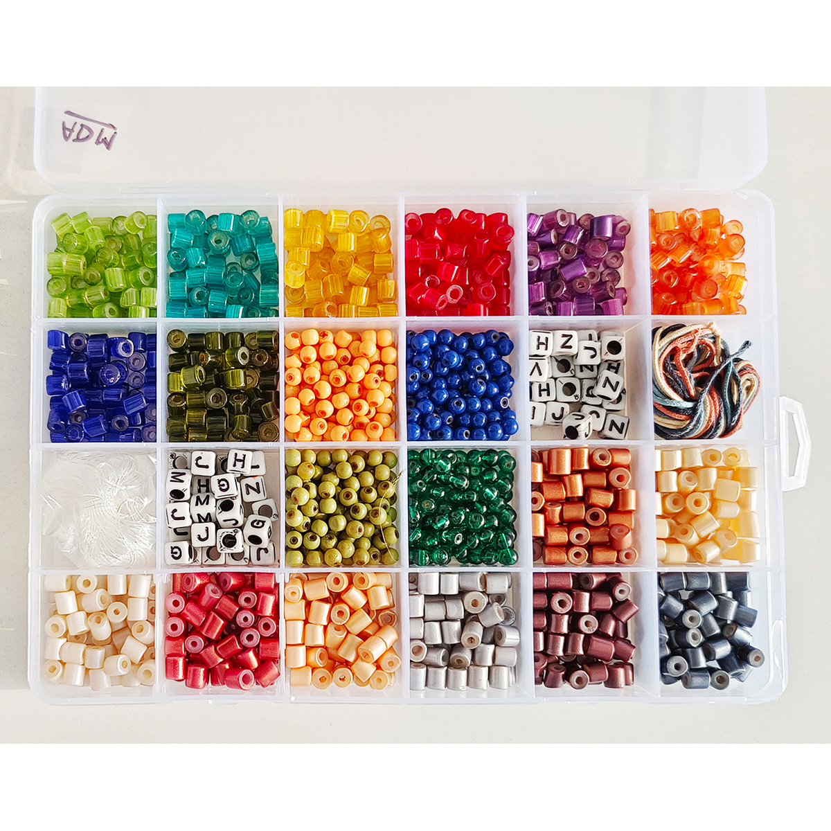 Item "ADM" Glass Tube Beads with Bigger Hole, Round 4mm Coated Glass Beads, with Acrylic Alphabet Beads, DIY and Jewelry Kit, 24 compartment box.