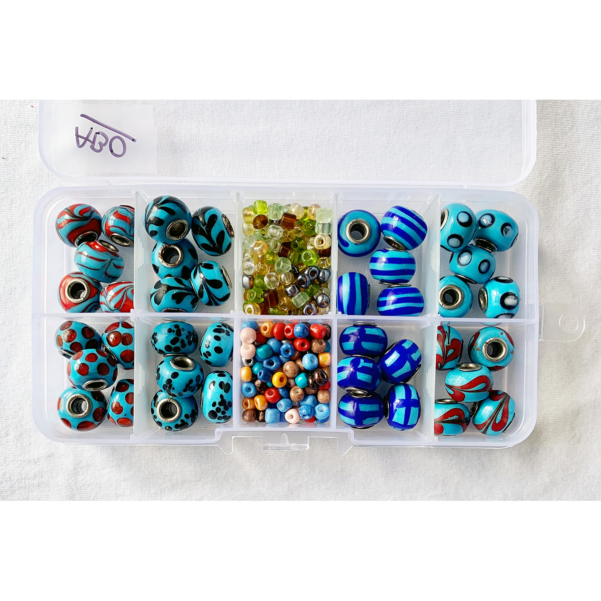 Item "ABO" Lampworked Glass Pandora style Beads, DIY and Jewelry Kit, 10 compartment box.