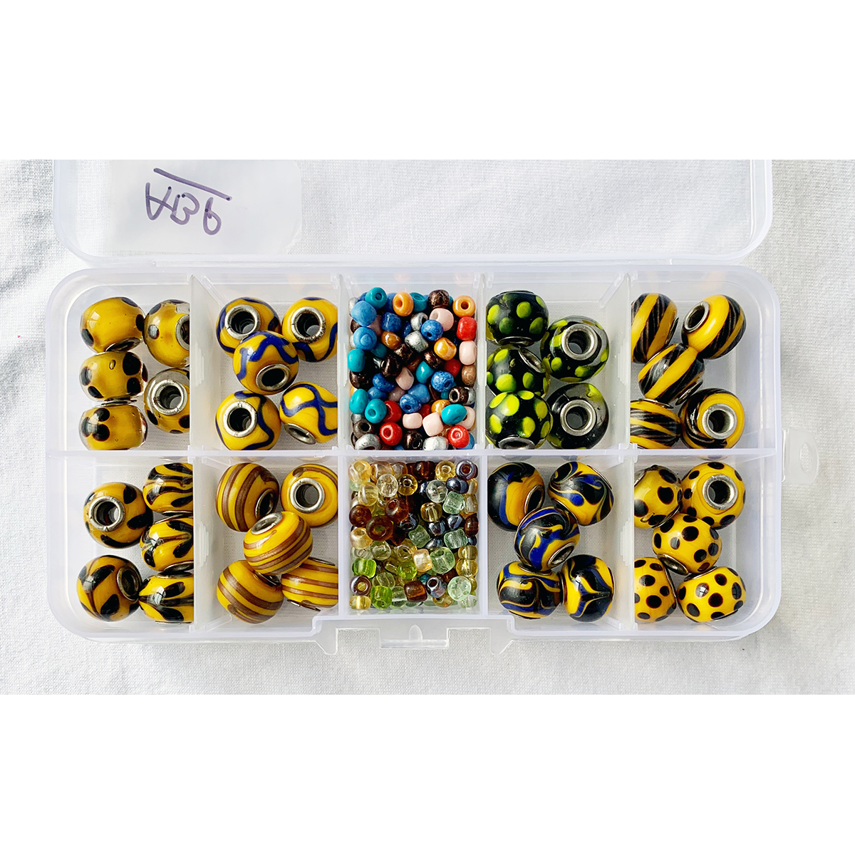 Item "ABP" Lampworked Glass Pandora style Mustard color Beads, DIY and Jewelry Kit, 10 compartment box.
