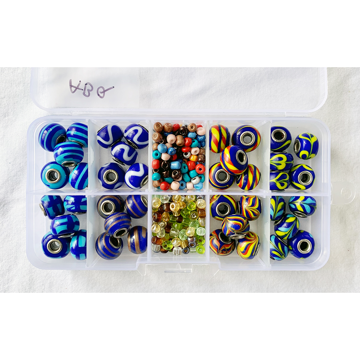 Item "ABQ" Lampworked Glass Pandora style Blue or Turquoise color Beads, DIY and Jewelry Kit, 10 compartment box.