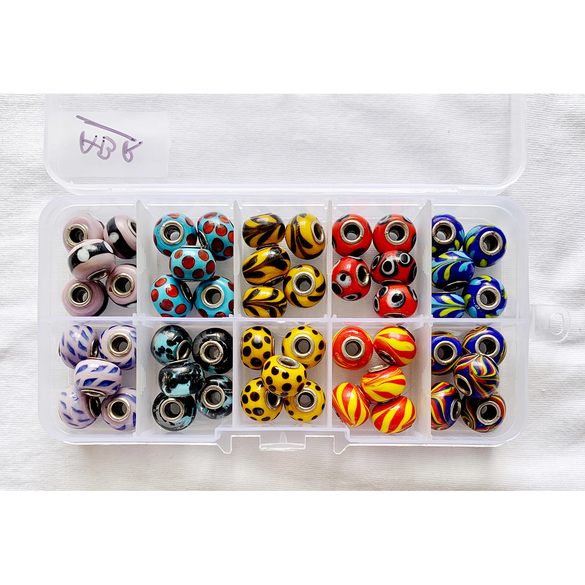 Item "ABR" Lampworked Glass Pandora style multi color Beads, DIY and Jewelry Kit, 10 compartment box.