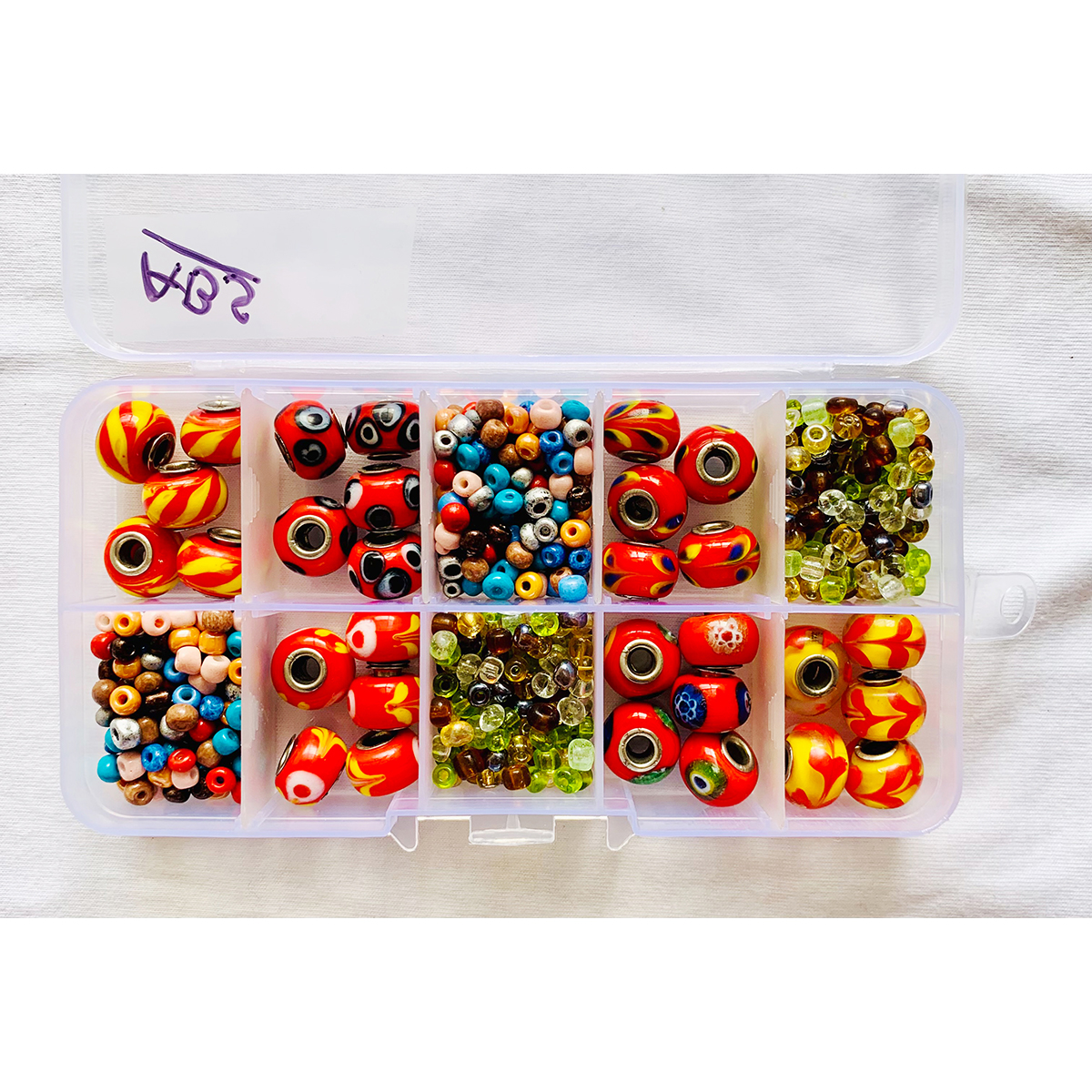 Item "ABS" Lampworked Glass Pandora style Beads in Red or Yellow color tone, DIY and Jewelry Kit, 10 compartment box.